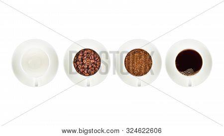 Four White Coffee Cups On Saucers In A Row Isolated On A White Background. An Empty Cup, A Cup Of Gr