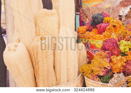 Loofah For Spa Treatments And Skin Cleansing, Sold In The Oriental Bazaar. Colorful Organic Food On 