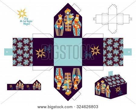 Three Biblical Kings: Caspar, Melchior And Balthazar. Three Wise Men With Gift Boxes. Feliz Dia De R