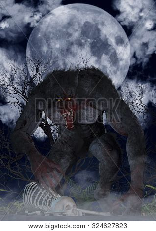 Portrait Of A Fierce And Creepy Werewolf. 3d Illustration.