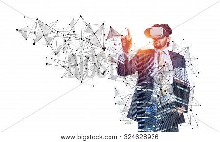 Businessman Wearing Vr Headset Working With Virtual System. New Reality Modeling And Design. Interac