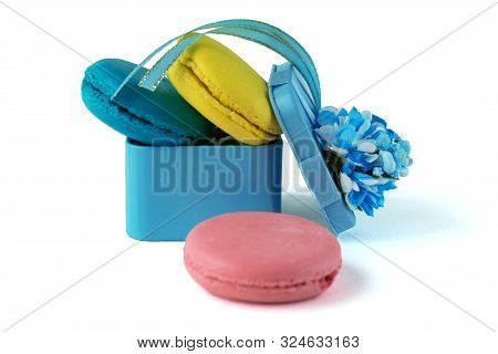 Macaroons Box Top View. Set Of Cake In A Gift Box. Sweet French Macaroons Cake Isolated On White Bac