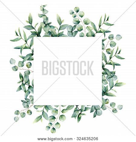 Watercolor Eucalyptus Invitation Square Card. Hand Painted Illustration With Eucalyptus Branches And