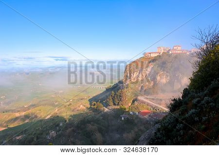Foggy Landscape By Sicilian City Enna In Central Sicily, Italy Photography In The Early Summer Morni