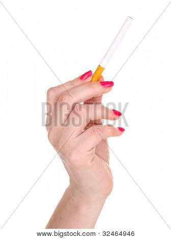 Cigarro na mão feminino isolateed branco