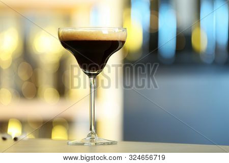 Fresh Alcoholic Martini Espresso Cocktail On Bar Counter, Space For Text