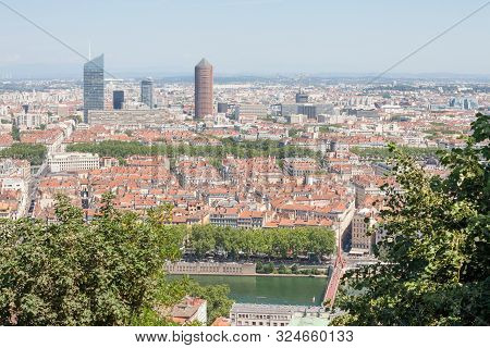 Aerial Panoramic View Of Lyon With The Skyline Of Lyon Skyscrapers Visible In Background And Saone R