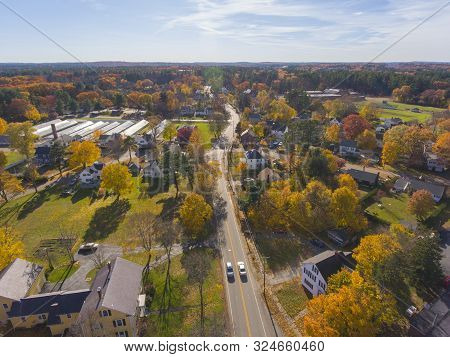 Tewksbury Historic Town Center Aerial View On Main Street In Fall, Tewksbury, Massachusetts, Ma, Usa