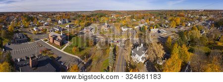 Tewksbury Historic Town Center Aerial View Panorama On Main Street In Fall, Tewksbury, Massachusetts