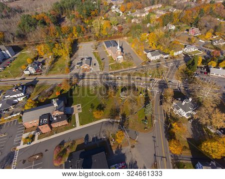 Tewksbury Historic Town Center Aerial View On Main Street In Fall, Tewksbury, Massachusetts, Ma, Usa