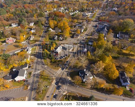 Tewksbury Historic Town Center Aerial View On Main Street In Fall, Tewksbury, Massachusetts, Ma, Usa