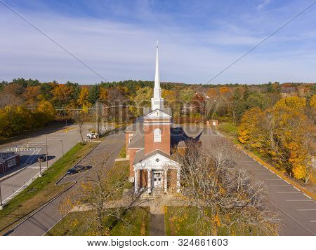 Tewksbury Congregational Church Aerial View In Historic Town Center In Fall, Tewksbury, Massachusett