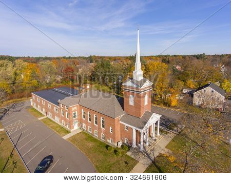 Tewksbury Congregational Church Aerial View In Historic Town Center In Fall, Tewksbury, Massachusett