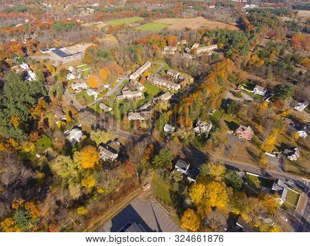 Tewksbury Historic Town Center Aerial View On Main Street In Fall, Tewksbury, Massachusetts, Ma, Usa