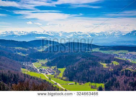 Panorama Of Alps And Towns Wettswil, Stallikon And Bonstetten From Odservation Tower On Uetliberg Mo