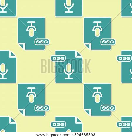 Green Ogg File Document. Download Ogg Button Icon Isolated Seamless Pattern On Yellow Background. Og