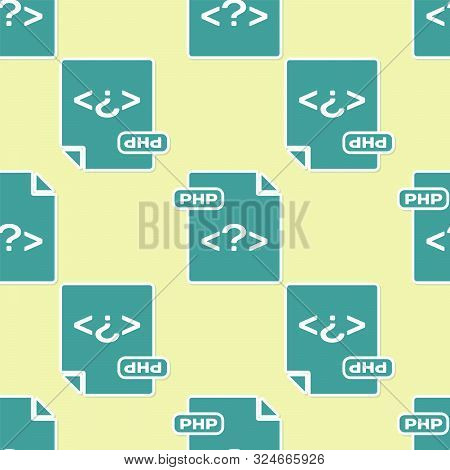 Green Php File Document. Download Php Button Icon Isolated Seamless Pattern On Yellow Background. Ph
