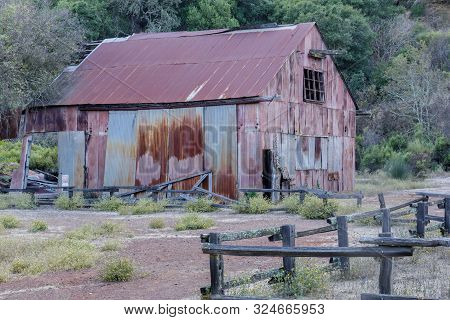 English Camp Barn. Old Corrugated Sheet Metal Barn Used In Mercury Mining At Almaden Quicksilver Cou