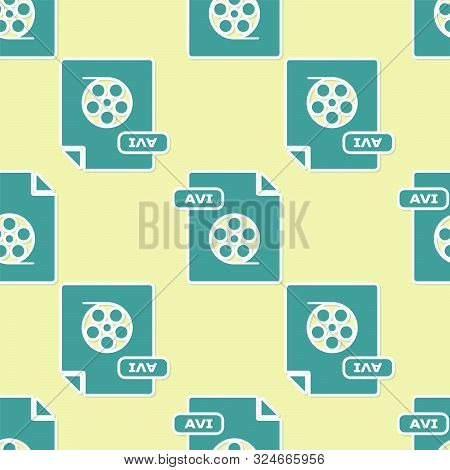Green Avi File Document. Download Avi Button Icon Isolated Seamless Pattern On Yellow Background. Av