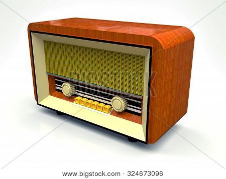 Old Vintage Tube Radio Receiver Made Of Wood And Cream Plastic On A White Background. Old Mid-20th C