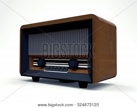 Old Vintage Tube Radio Receiver Made Of Wood And Black Plastic On A White Background. Old Mid-20th C