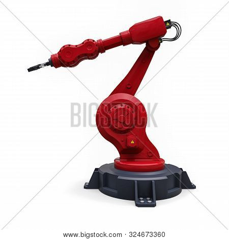 Robotic Red Arm For Any Work In A Factory Or Production. Mechatronic Equipment For Complex Tasks. 3d