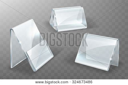 Acrylic Holder, Glass Or Plastic Display Stand For Menu Or Cards, Realistic Vector Illustration. Set