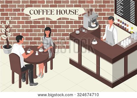 Coffee House, Restaurant. Baristo Stands Behind The Bar. A Woman And A Man Are Sitting At A Table An