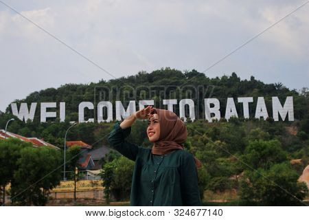 Welcome To Batam In Batam Island, Indonesia - August 7, 2019, Large Welcome Word To Batam Island Ind