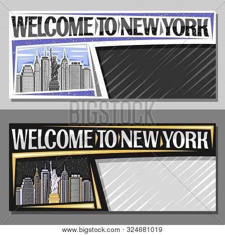 Vector Layouts For New York City With Copy Space, Decorative Sign Board With Statue Of Liberty On Ba