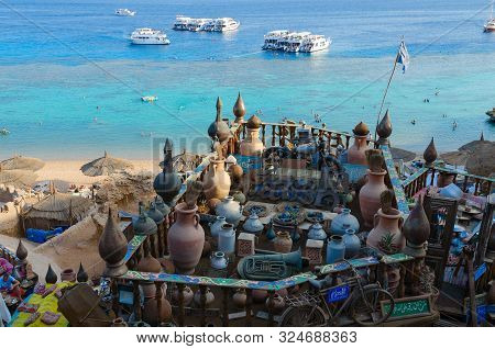 Sharm El Sheikh, Egypt - September 19, 2019: Beautiful Top View Of Popular Farsha Cafe On Shore Of R