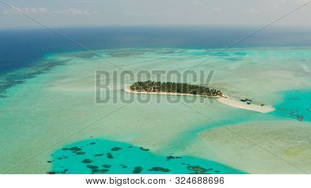 Tropical Island With Beautiful Beach, Palm Trees And Turquoise Water View From Above. Onok Island, B