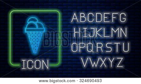 Glowing Neon Ice Cream In Waffle Cone Icon Isolated On Brick Wall Background. Sweet Symbol. Neon Lig