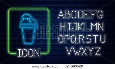 Glowing Neon Ice Cream Icon Isolated On Brick Wall Background. Sweet Symbol. Neon Light Alphabet. Ve