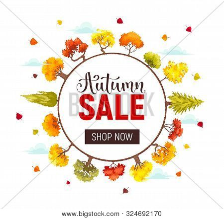 Autumn Sale Banner With Colorful Autumnal Trees In Circle Frame Composition. Abstract Vector Illustr