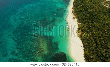 Sandy Beach And Turquoise Water In The Tropical Resort Of Boracay, Puka Shell Beach, Philippines Aer