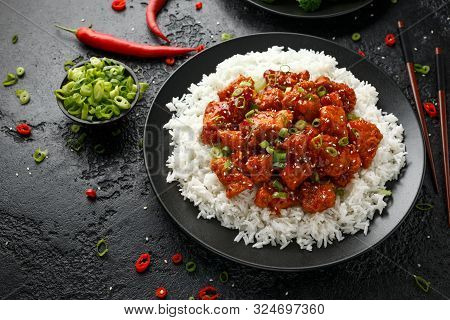 Tsos Chicken With Rice, Green Onion And Broccoli