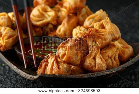 Chinese Takeaway Finger Food Vegetable Wontons With Sweet Chilli Dip Sauce And Chop Sticks