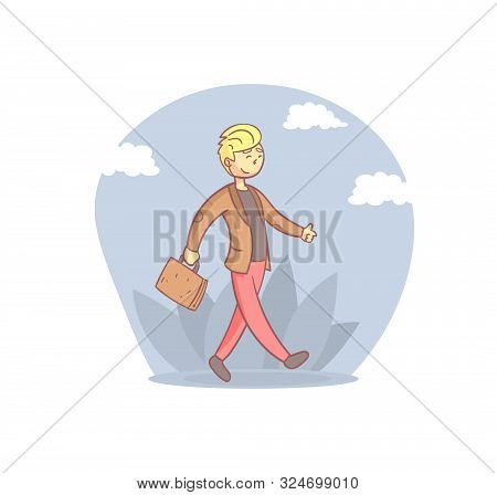 Cheerful Businessman Walking With Briefcase, Young Man Daily Activity Cartoon Vector Illustration