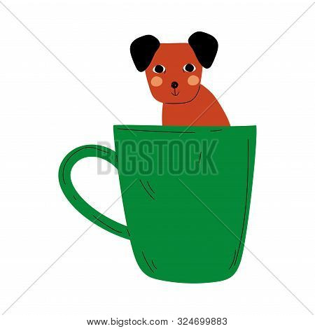 Cute Dog In Green Teacup, Adorable Puppy Animal Sitting In Coffee Mug Vectorcartoon Illustration