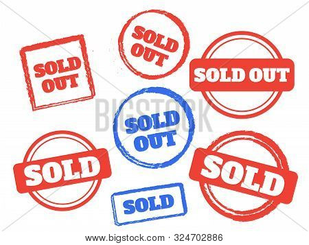 Sold out. Out label. Bailout. Логотип продано. Штамп sold.