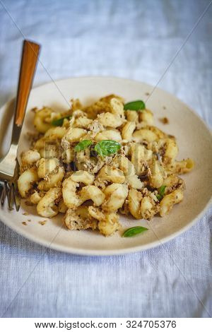 Traditional Soviet Russian Pasta Dish, Vermicelli, Navy Pasta, With Meat On A White Plate On A Light