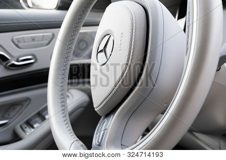 Helsinki, Finland, September 3, 2017: Dashboard And Steering Wheel With Media Control Buttons Of A M