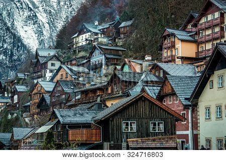 Halstatt, Salzkammergut, Austria - December 30th 2016: Houses on the hillside