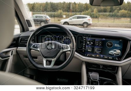 Minsk, Belarus - September 20, 2019: Volkswagen Touareg Third Generation 2019 Interior Dashboard Vie