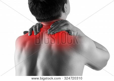 Neck Pain, Man Suffering From Backache Isolated On White Background