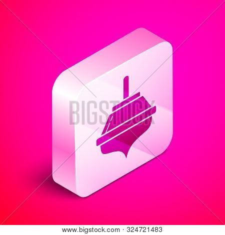 Isometric Hanukkah Dreidel Icon Isolated On Pink Background. Silver Square Button. Vector Illustrati