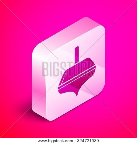 Isometric Hanukkah Dreidel Icon Isolated On Pink Background. Silver Square Button. Vector Illustrati