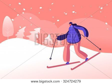 Winter Sports Activity And Sparetime. Young Woman Skiing In Mountains Resort Or Public Park Area. Gi