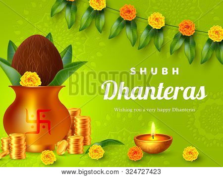 Shubh Dhanteras Holiday Composition For Diwali Festival Celebration. Indian Pots For Pooja With Coin